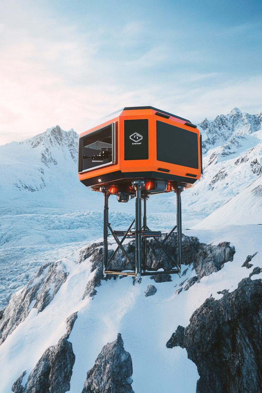 Alpine Mobile Space. Efficient drone dock against glacier landscape.