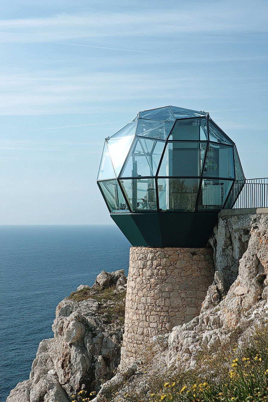 Coastal Analysis Space. Glass observatory housing meteorological equipment, overlooking the sea.