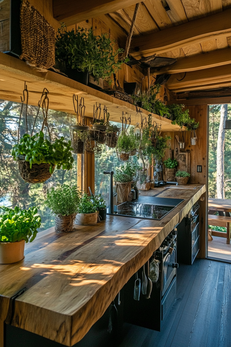 Community living space. Efficient garden kitchen with hanging herbs and rustic wooden countertops.
