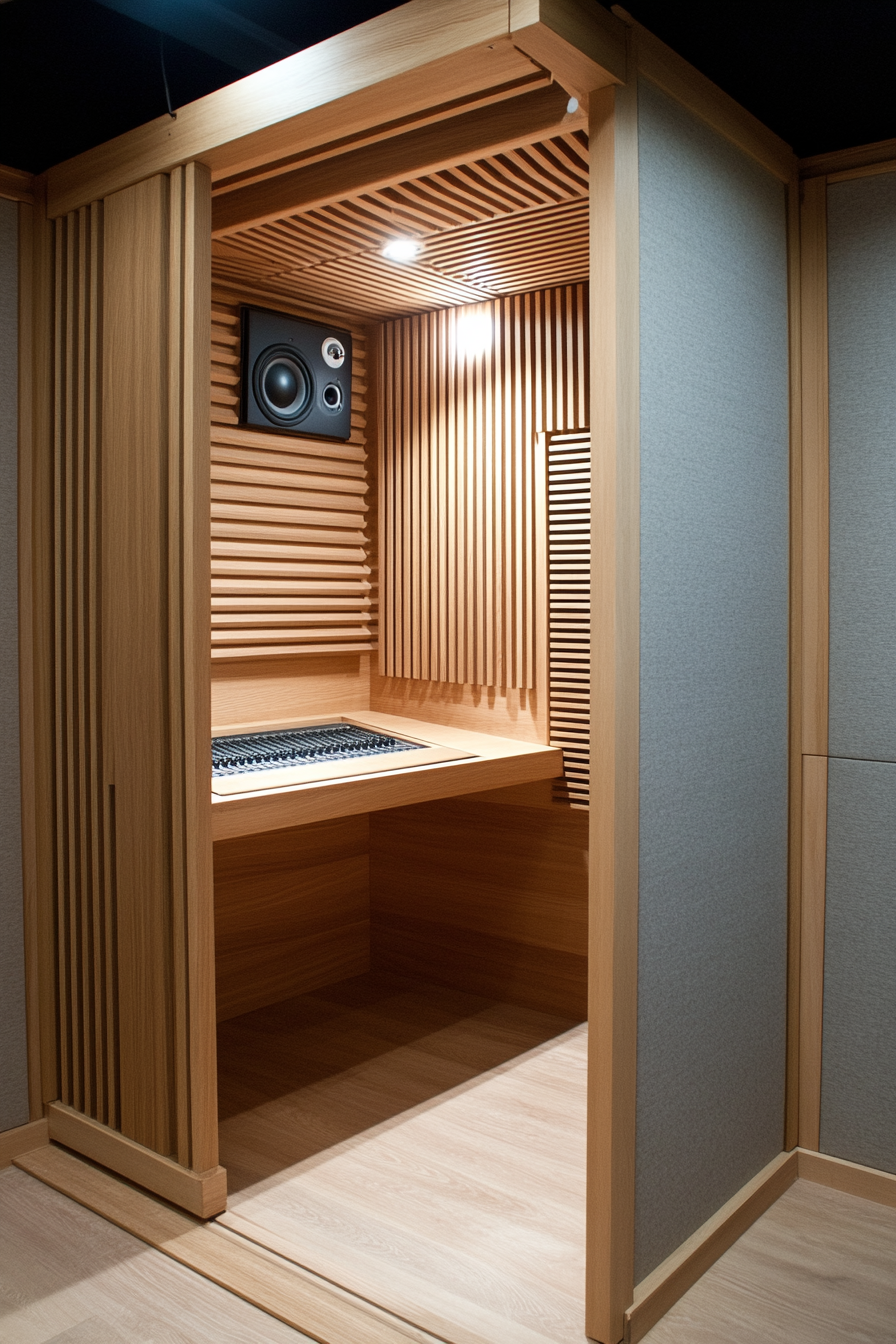 Mobile Studio Space. Light oak wood soundproof recording booth.