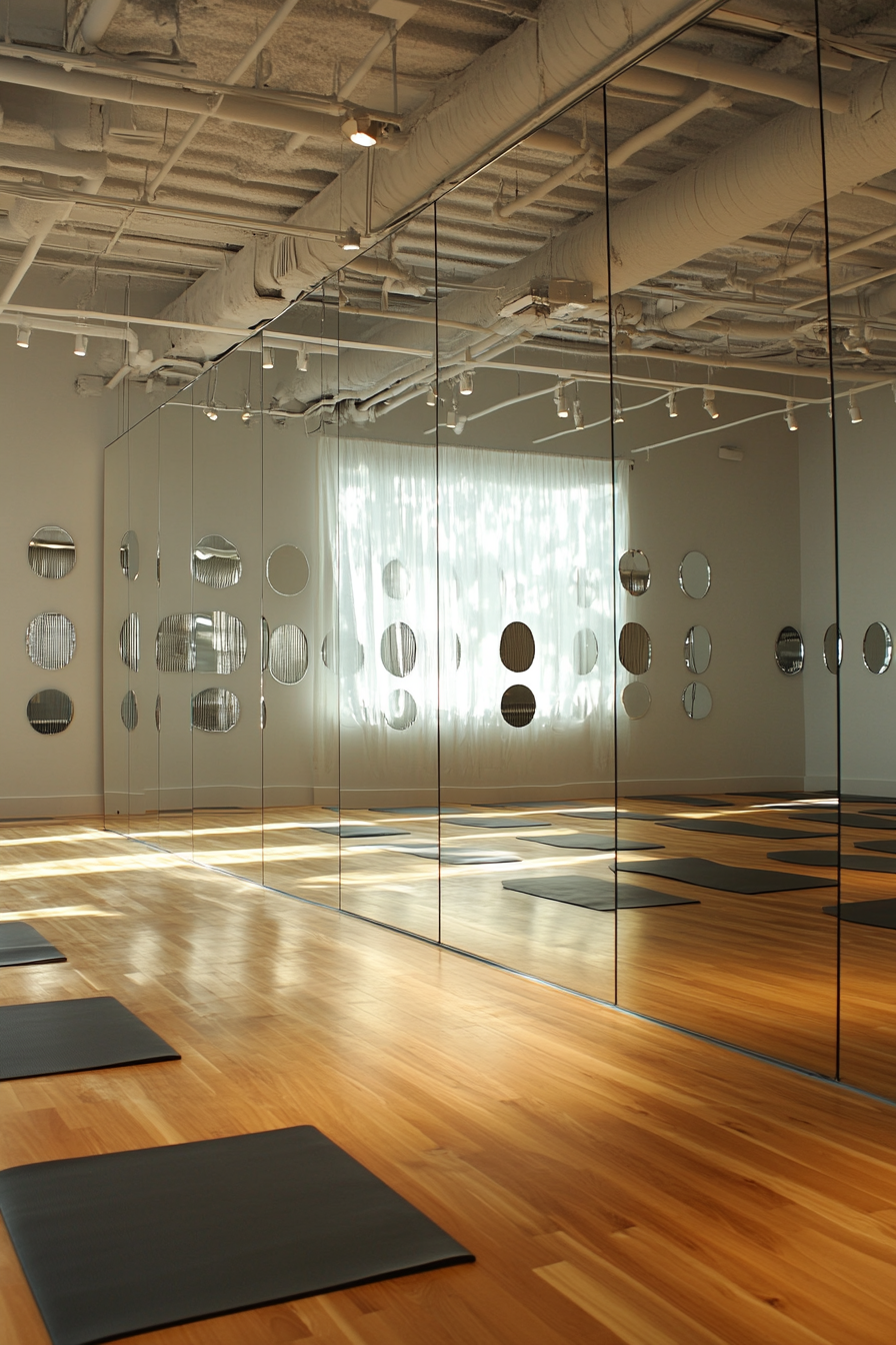 Movement practice space. Floor-to-ceiling mirror wall, yoga mats, oak sprung floor, overhead sound system.