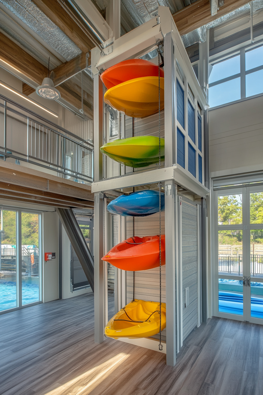 Water Adventure Space. Lifeguard tower-inspired safety center with hanging kayak storage.