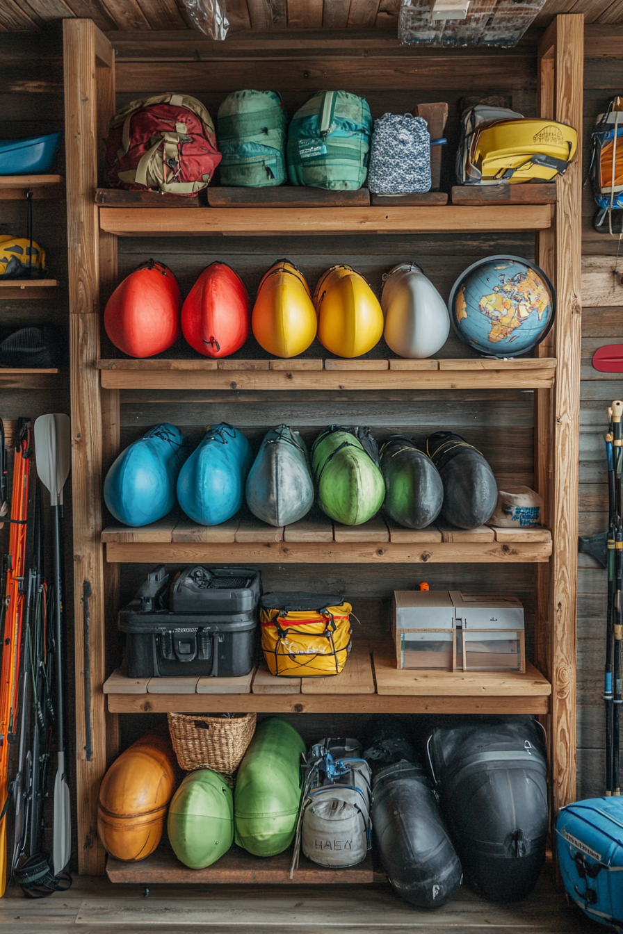 Water Adventure Space. Whitewater rafting equipment on wooden shelving, globe for trip planning, firesafety.