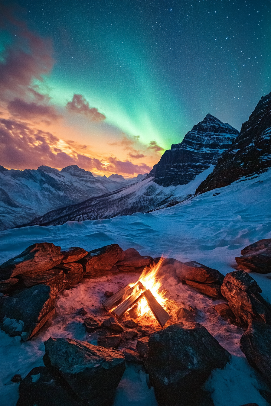 High Alpine Site. Fire pit behind rock wind shelter, Northern lights vantage point, mountain vistas.