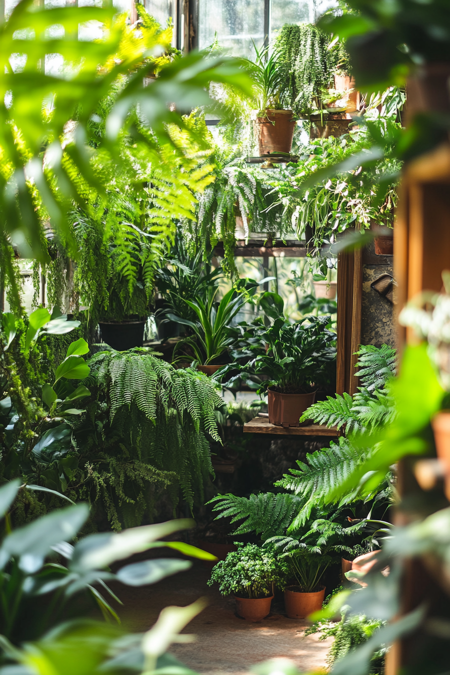 Wellness escape space. Indoor tropical gardening station with lush green ferns.