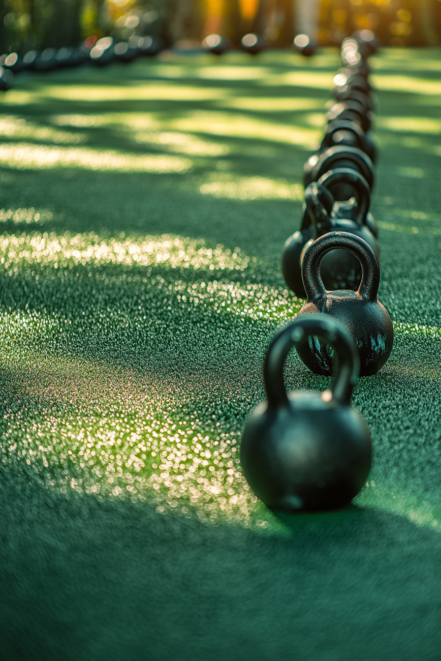 Fitness Community Space. A green training field dotted with kettlebells.