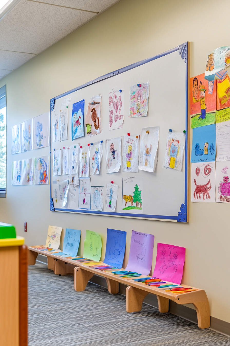 Community learning space. Wall-mounted whiteboard surrounded by colorful children's artwork.