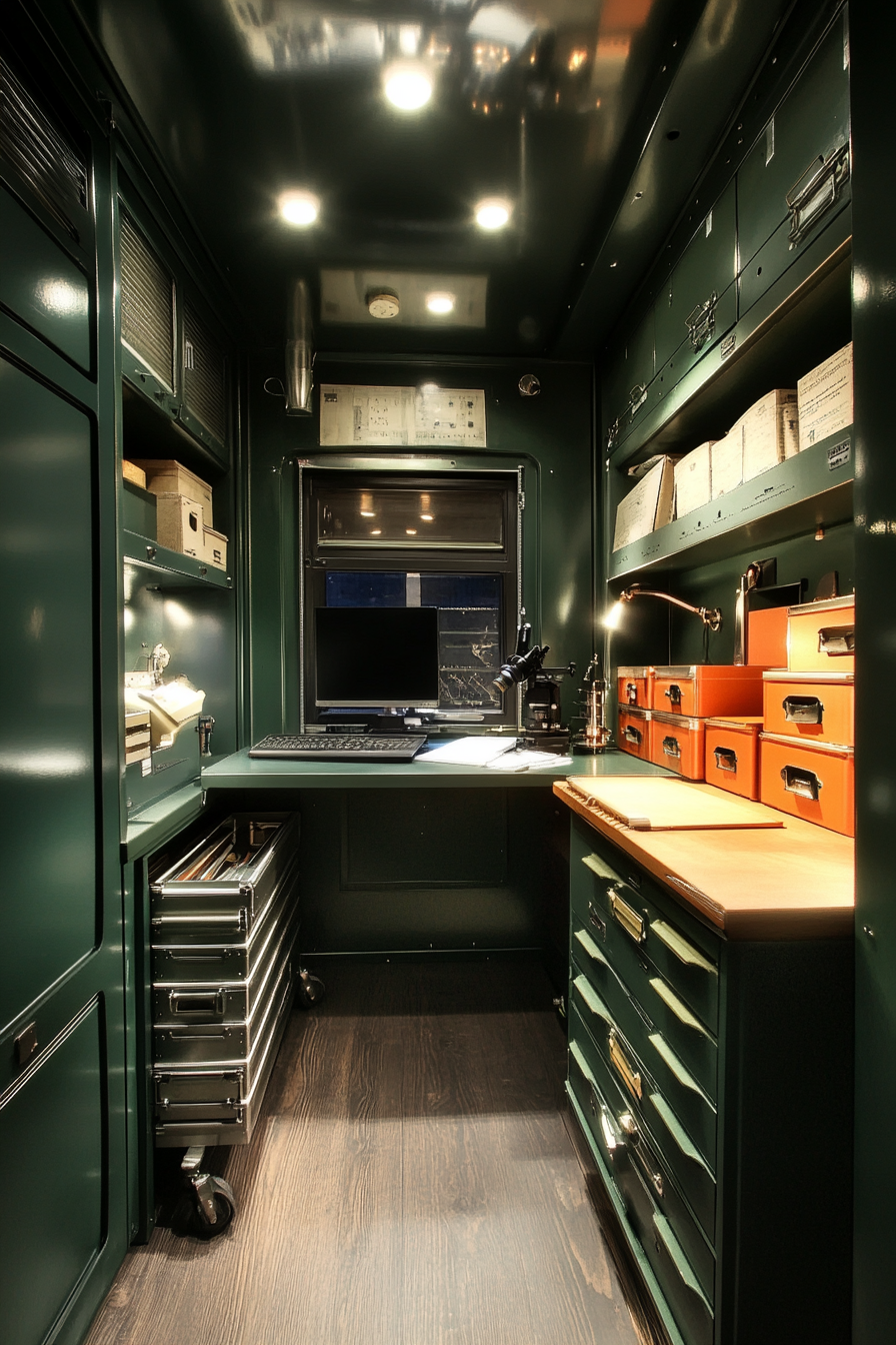 Mobile Research Space. Dark green trailer, sliding microscope station, steel specimen drawers, folding field desk.