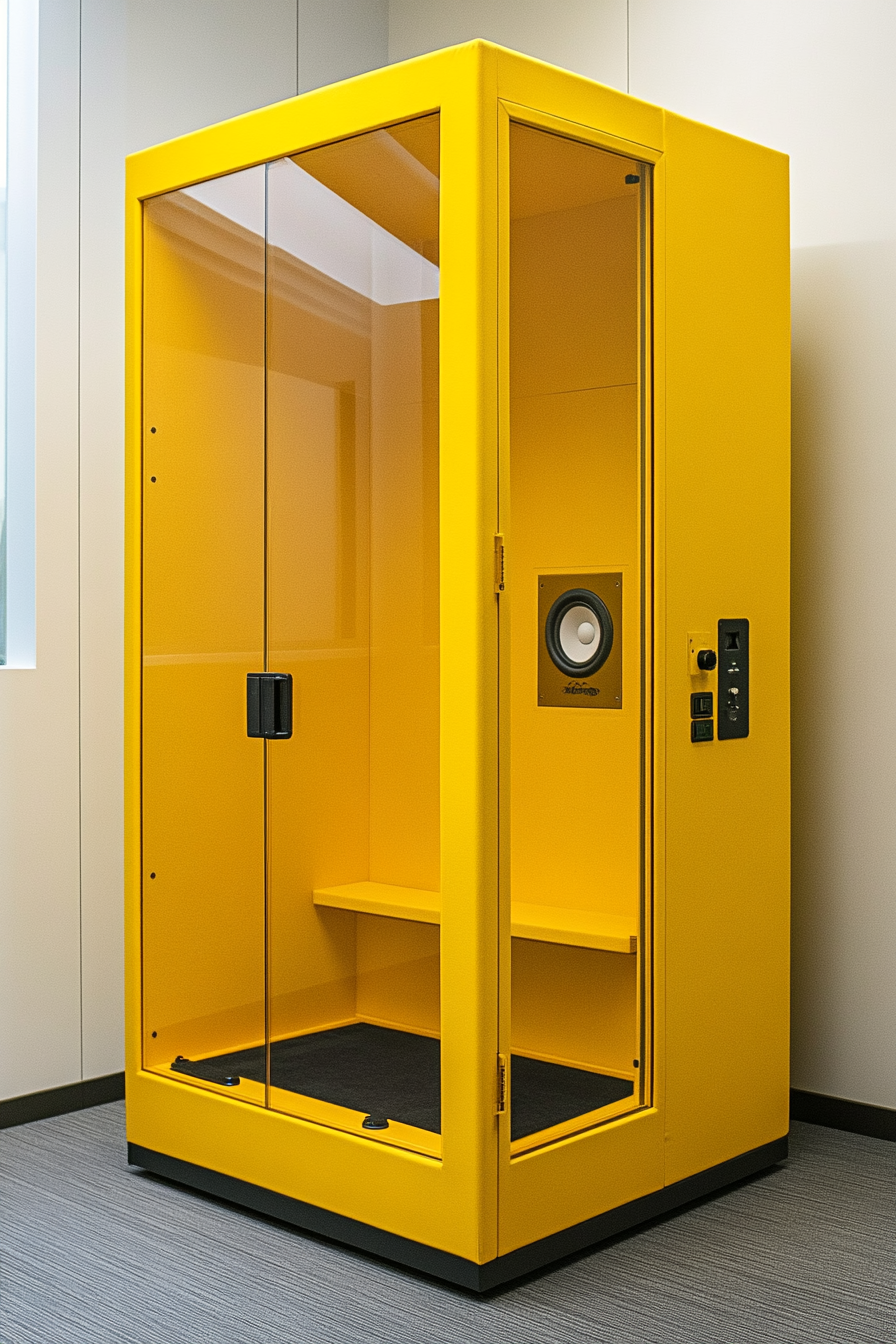 Mobile Studio Space. Yellow soundproof recording booth with glass door.