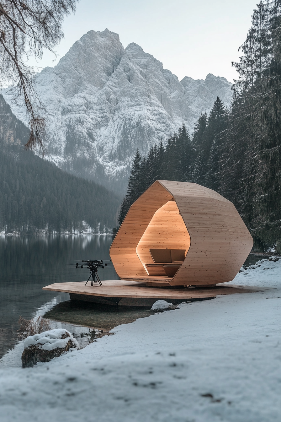 Alpine mobile space. Minimalist wooden structure equipped with drone docking station.