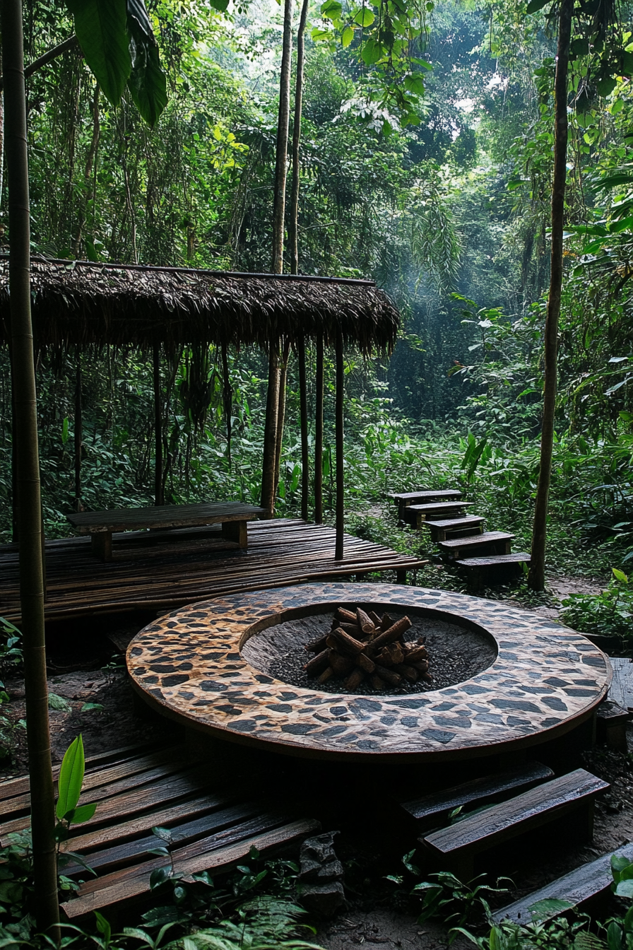 Jungle clearing. Elevated bamboo platforms, camouflage-patterned covered fire pit, Sulawesi crested macaque viewing area.