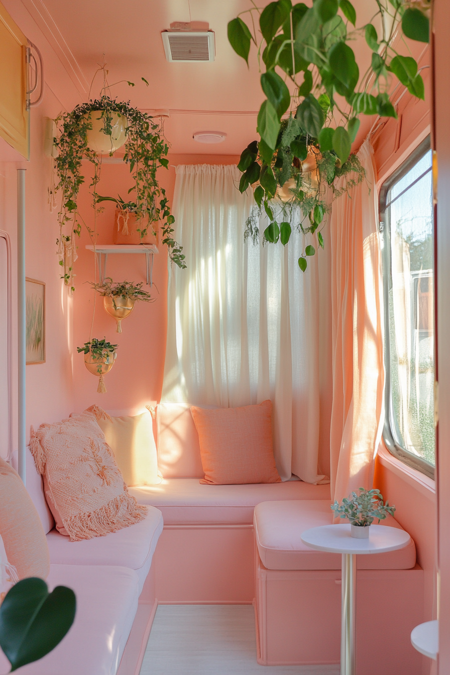 Therapy van. Pastel-colored walls, soundproof curtains, cushioned seats, hanging plant decor.