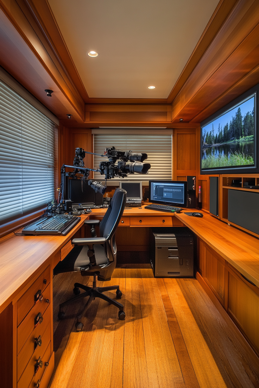 Nature Observation Space. Black telescopic camera mounts, blinds, cherry wood editing station.