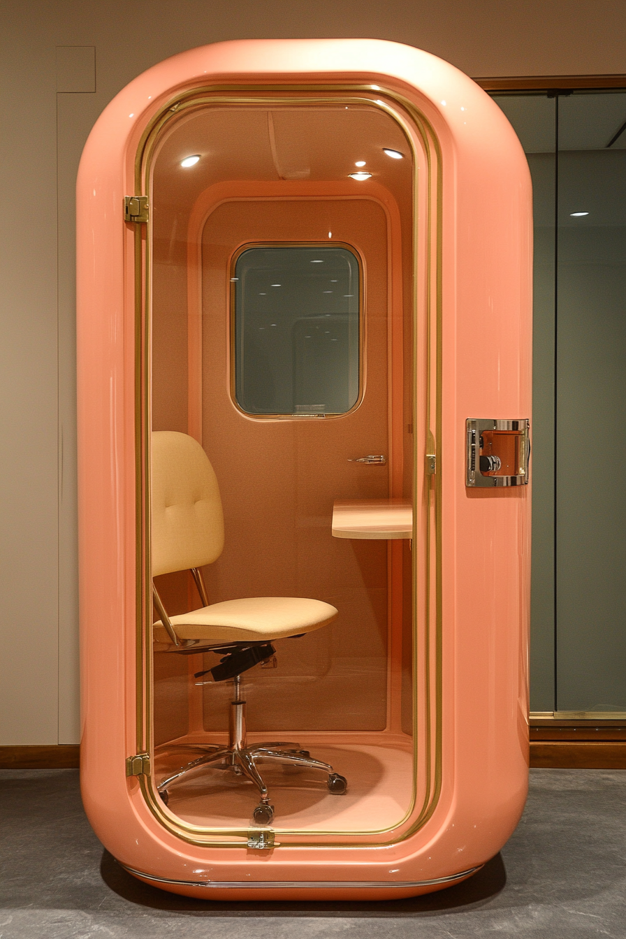 Mobile studio space. Recording booth colored in soft peach with glass window panels.