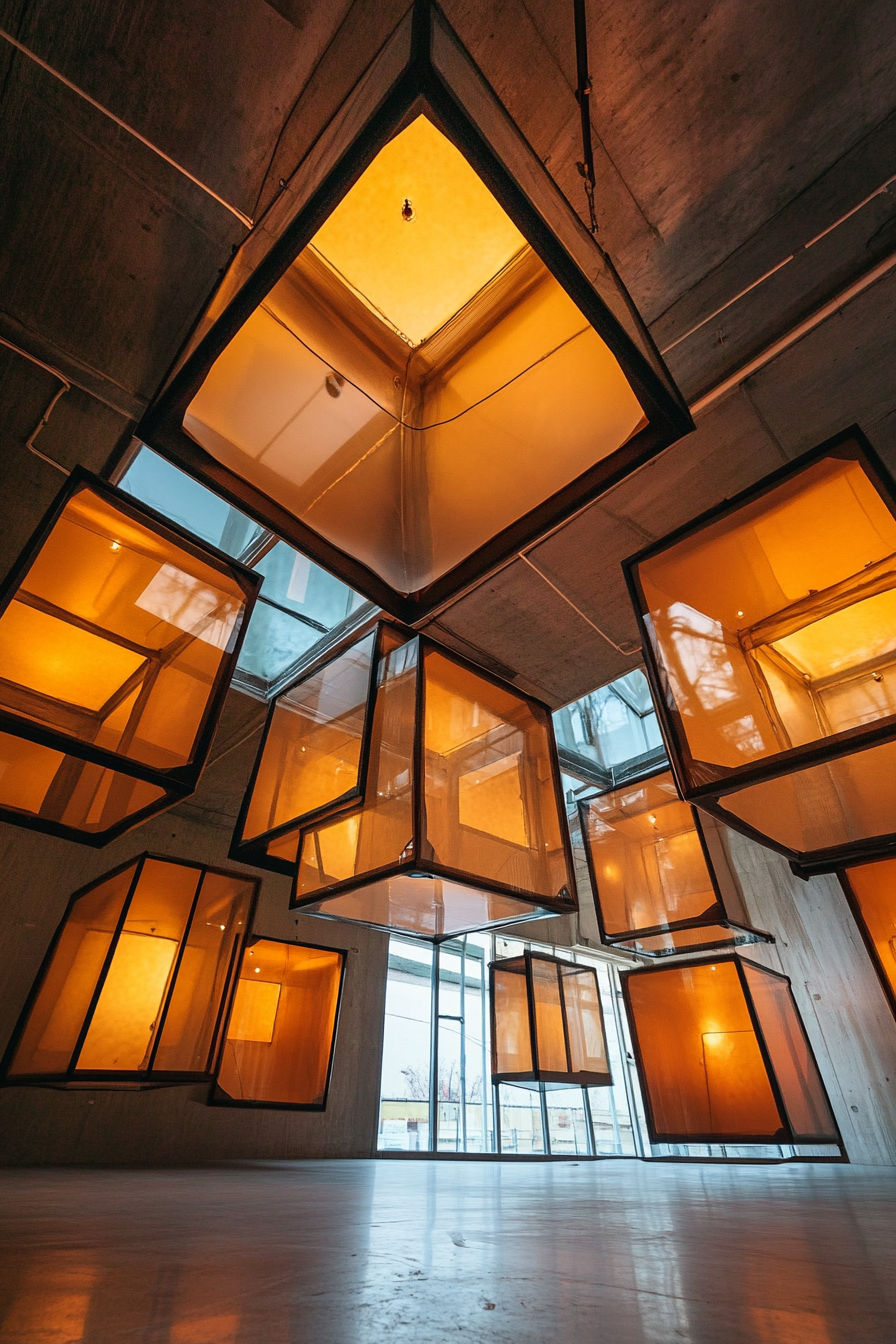 Creative Community Space. A collection of cube-shaped art studio pods with glass ceilings.