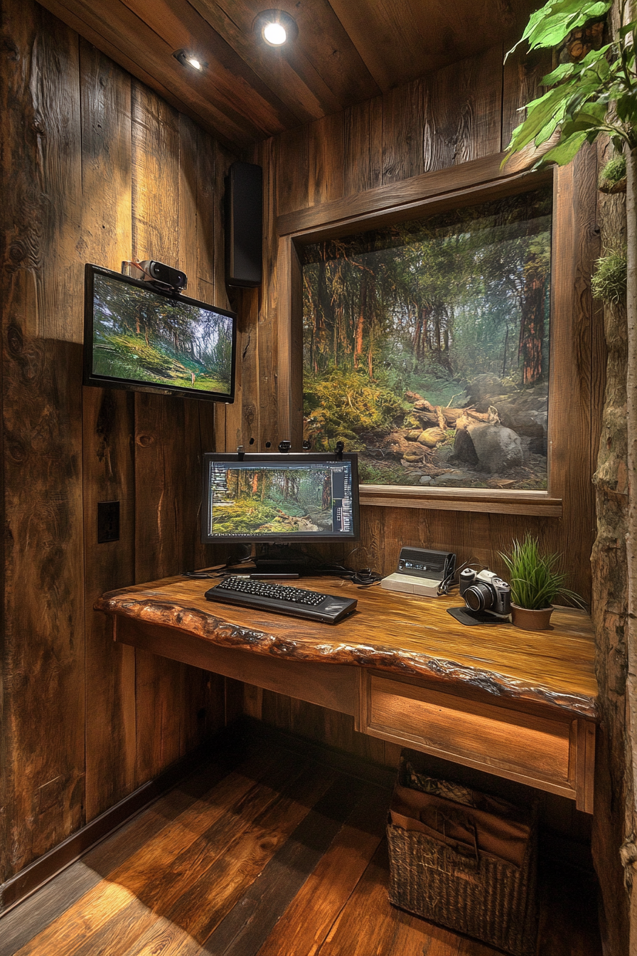 Nature Observation Space. Wall-mounted DSLR, camouflaged viewing blind, desktop editing station.