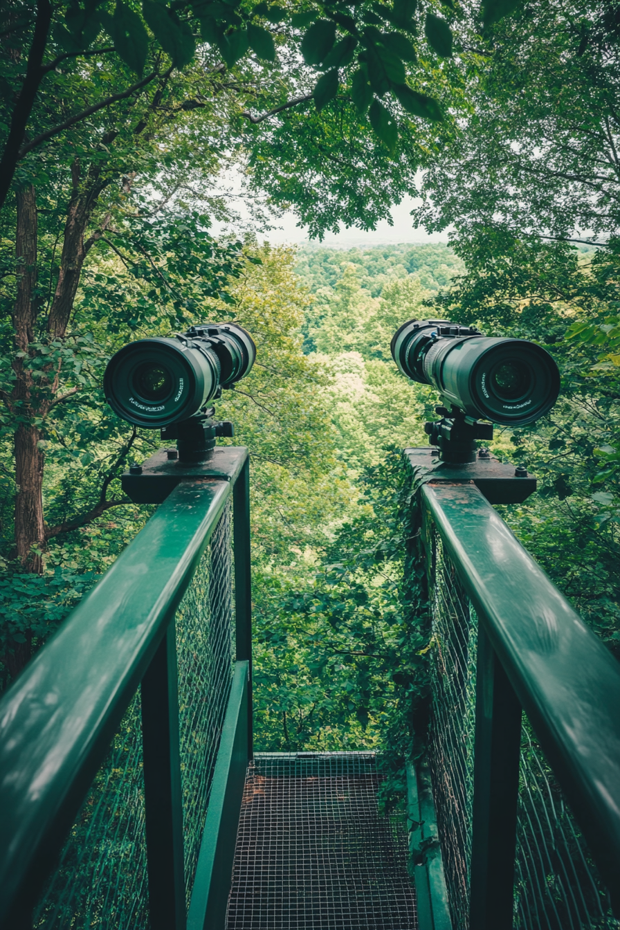 Nature observation space. Telescopic camera mounts overlooking vibrant green forest canopy.