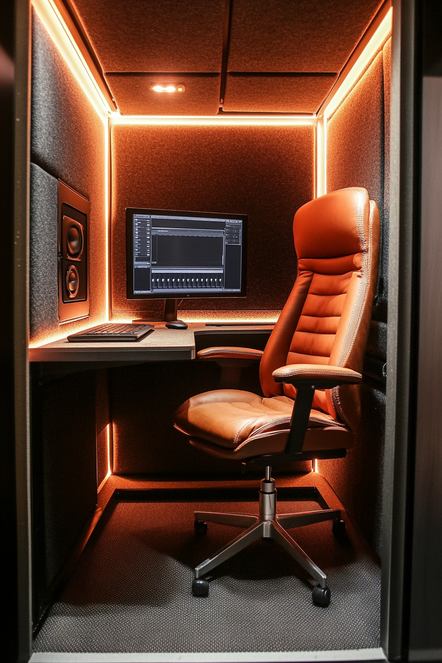 Mobile recording space. Soundproof booth with LED-stripped desk and ergonomic leather chair.