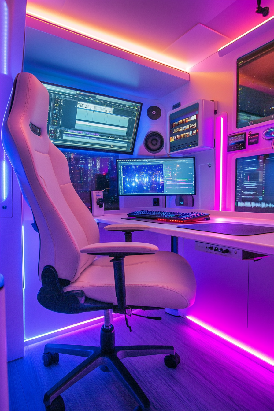 Creative mobile space. Neon lit, white editing bay with leather swivel chair.