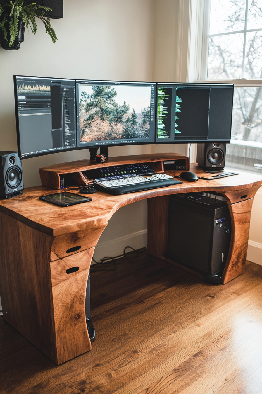 Creative mobile space. Deskside editing bay with scuffed wooden finish.