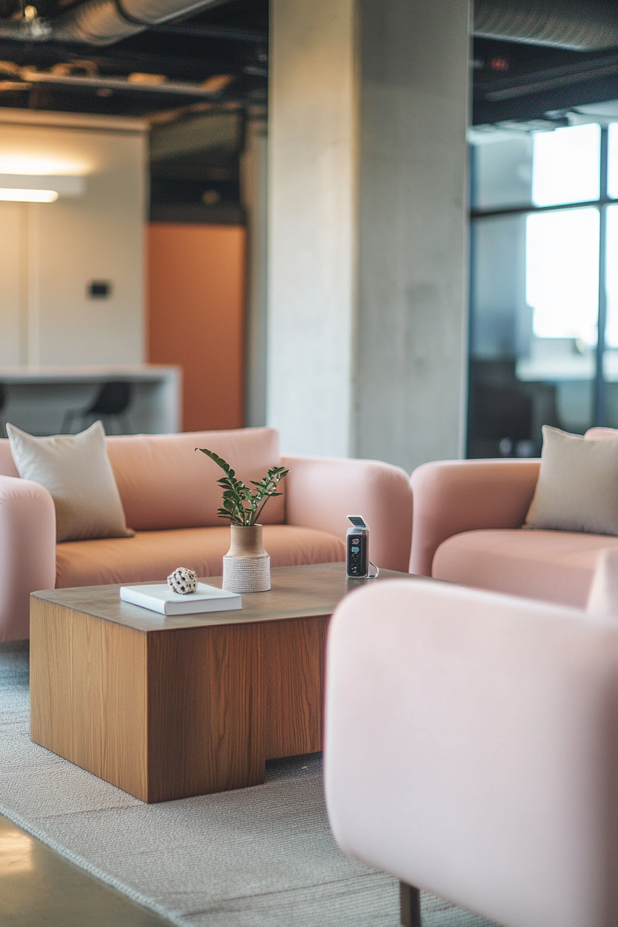 Event support space. Chill zone with pastel sofas, small coffee table, and charging station.