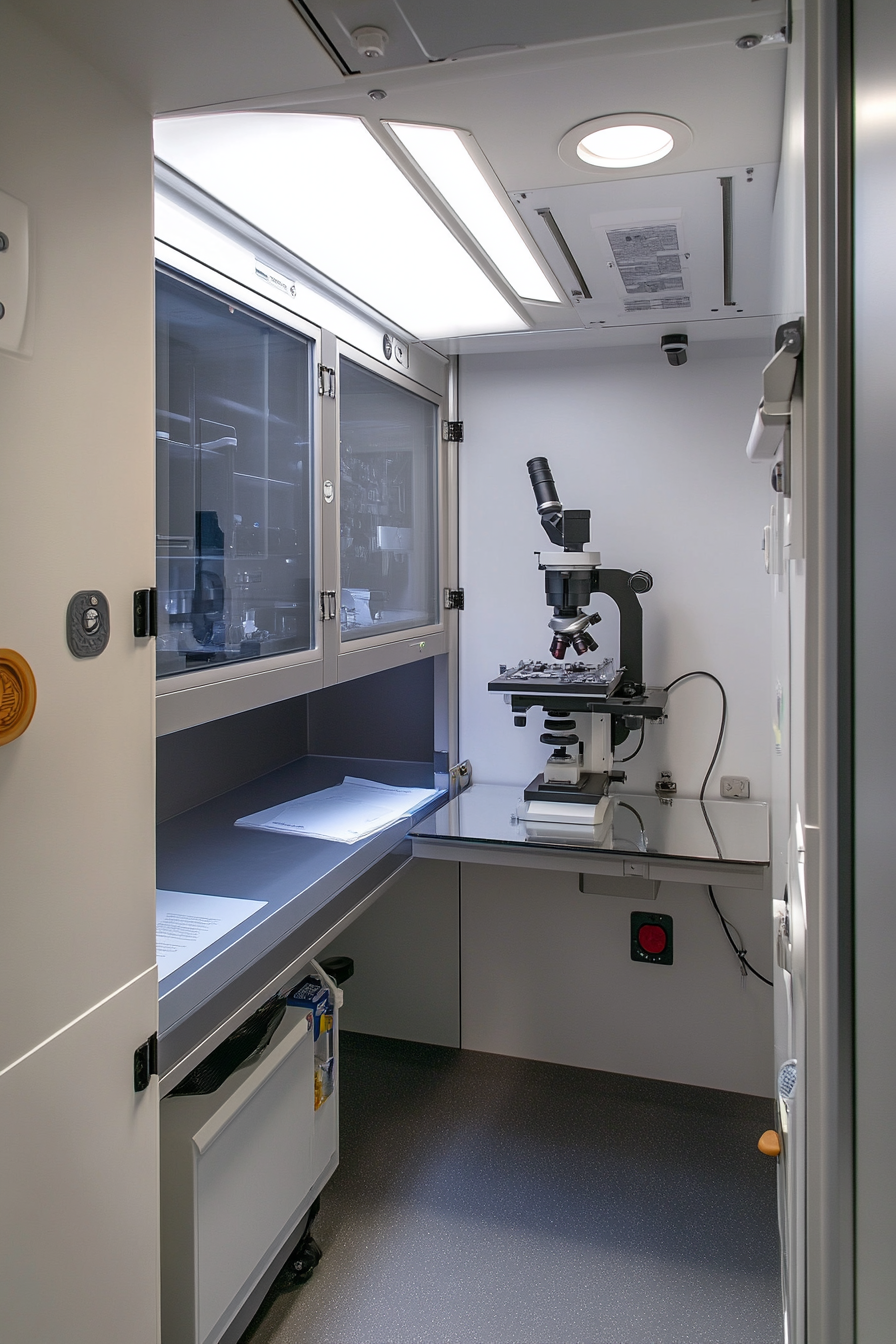 Mobile research space. Wall-mounted microscope station with in-built plexiglass cabinet for specimen storage.