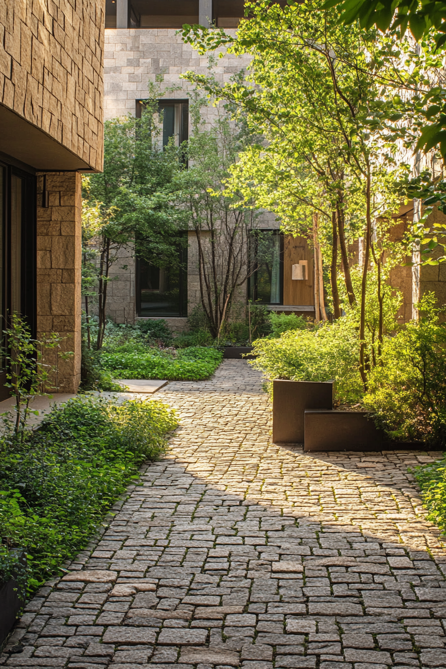 Community living space. Verdant garden area with cobblestone paths.