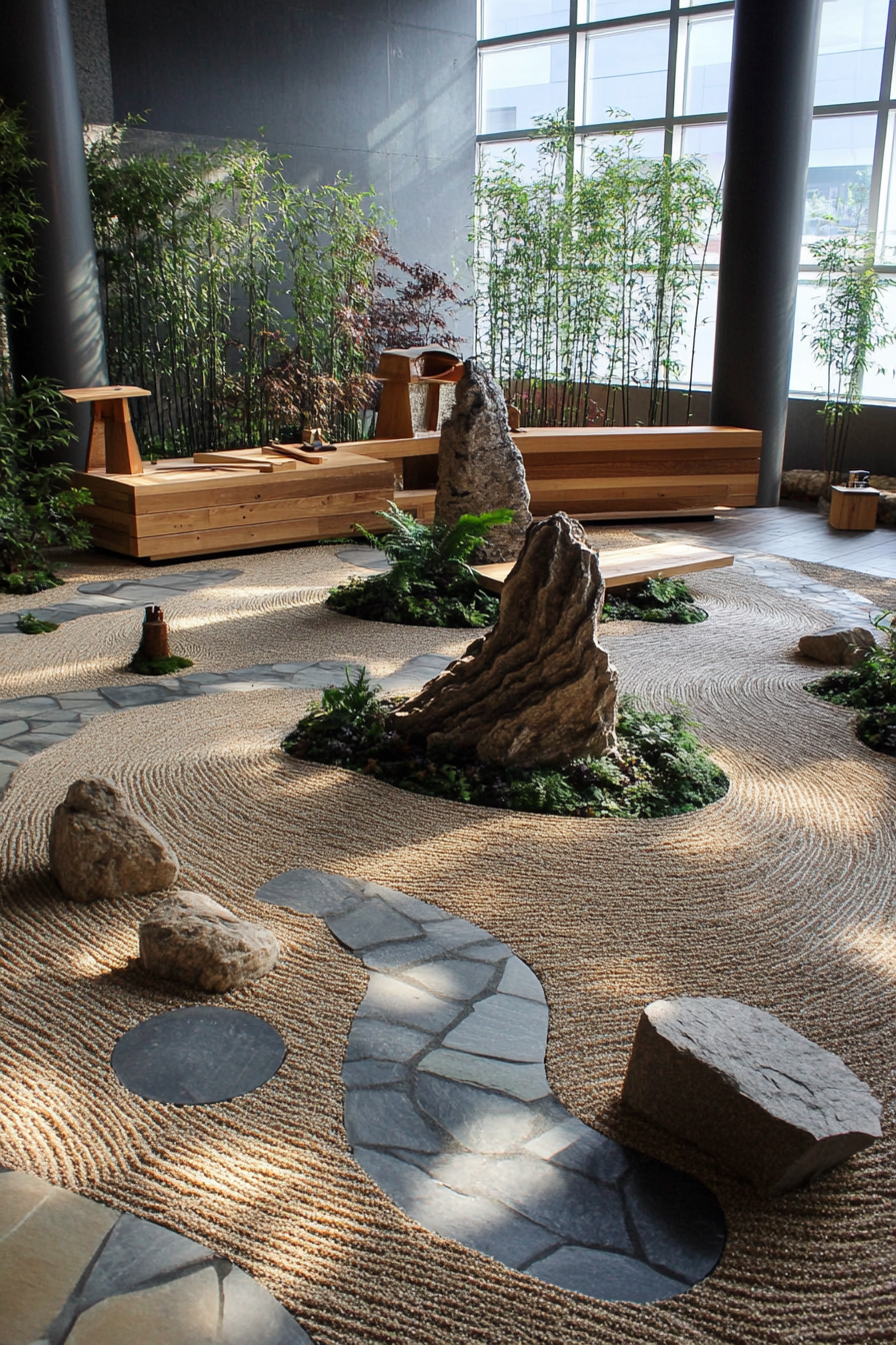 Community Living Space. Zen garden with sculptural centerpiece surrounded by workshop stations.