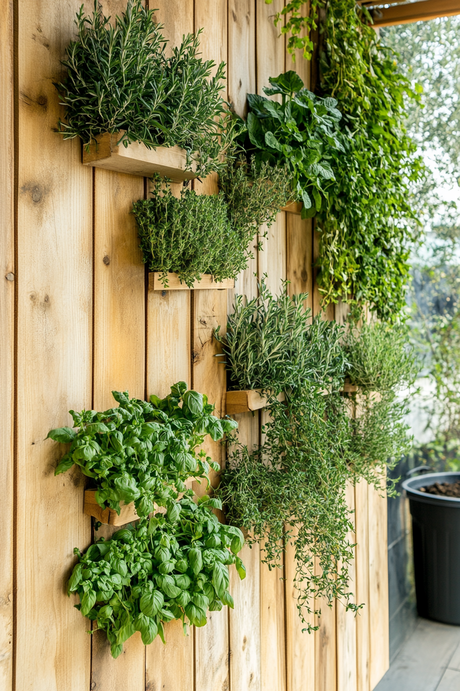 Community cooking space. Herb wall with hanging rosemary and thyme adjacent to compost bin.