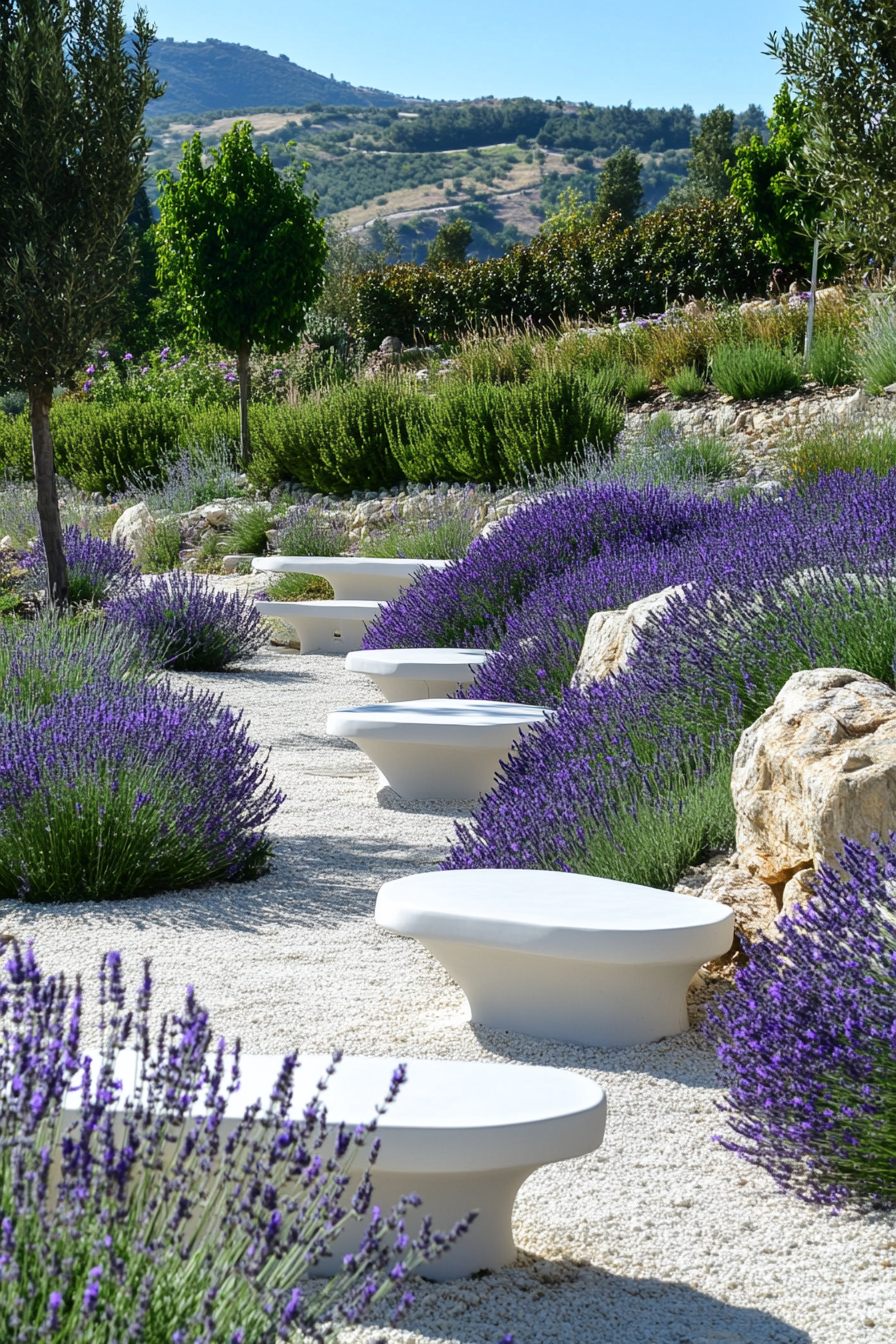 Mountain Wellness Space. Lavender-filled healing garden with white ceramic benches.
