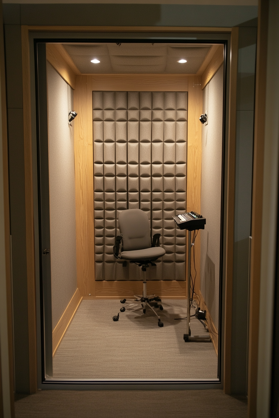 Mobile Recording Space. Windowless booth with adjustable soundproof panels.