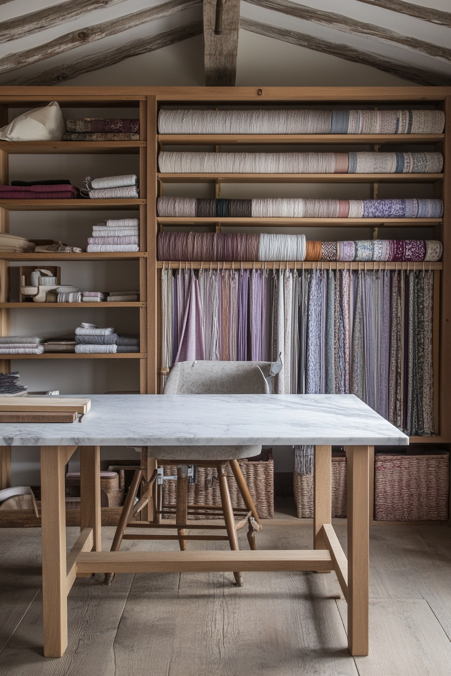 Craft Space. Oak loom storage, fabric sample wall, marble-topped workshop table.