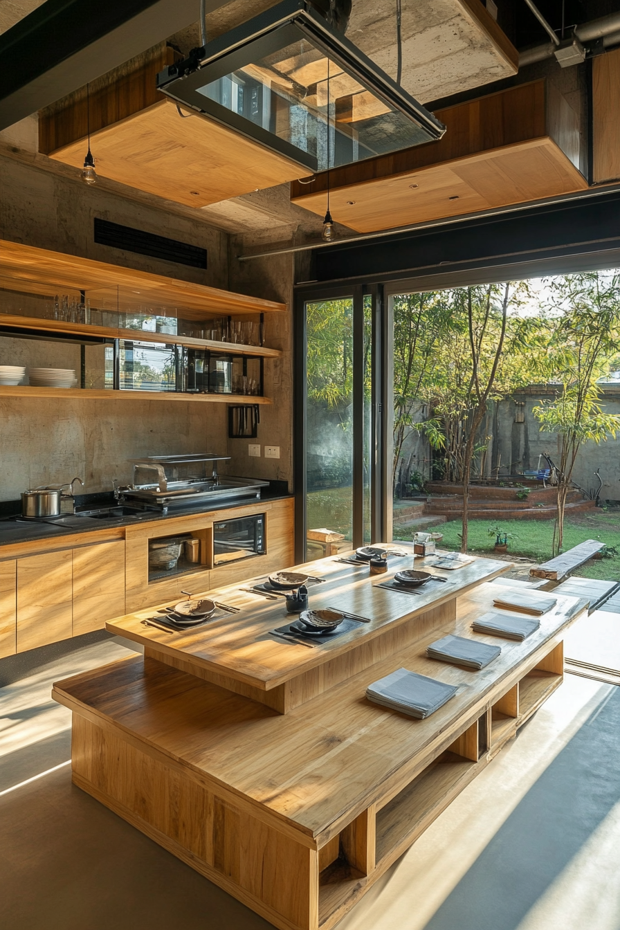 Community living space. Wooden benches with garden-facing open modular kitchen.