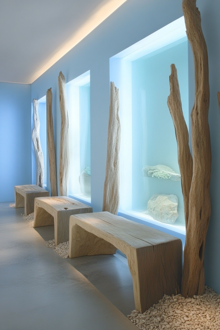 Coastal Analysis Space. Light blue display screens and bleached driftwood furniture.
