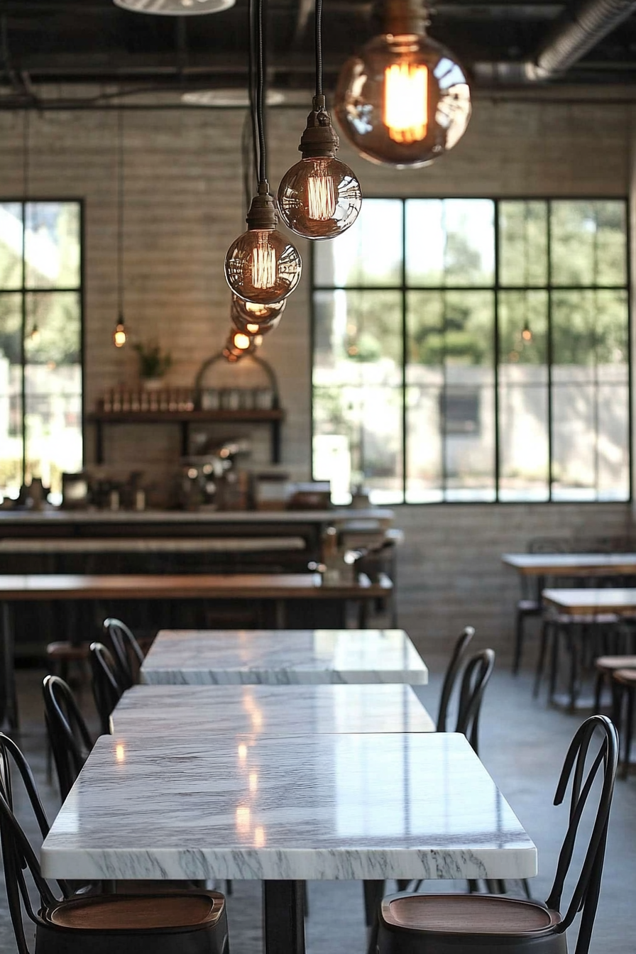 Social cooking space. Industrial pendants over marble communal tables.