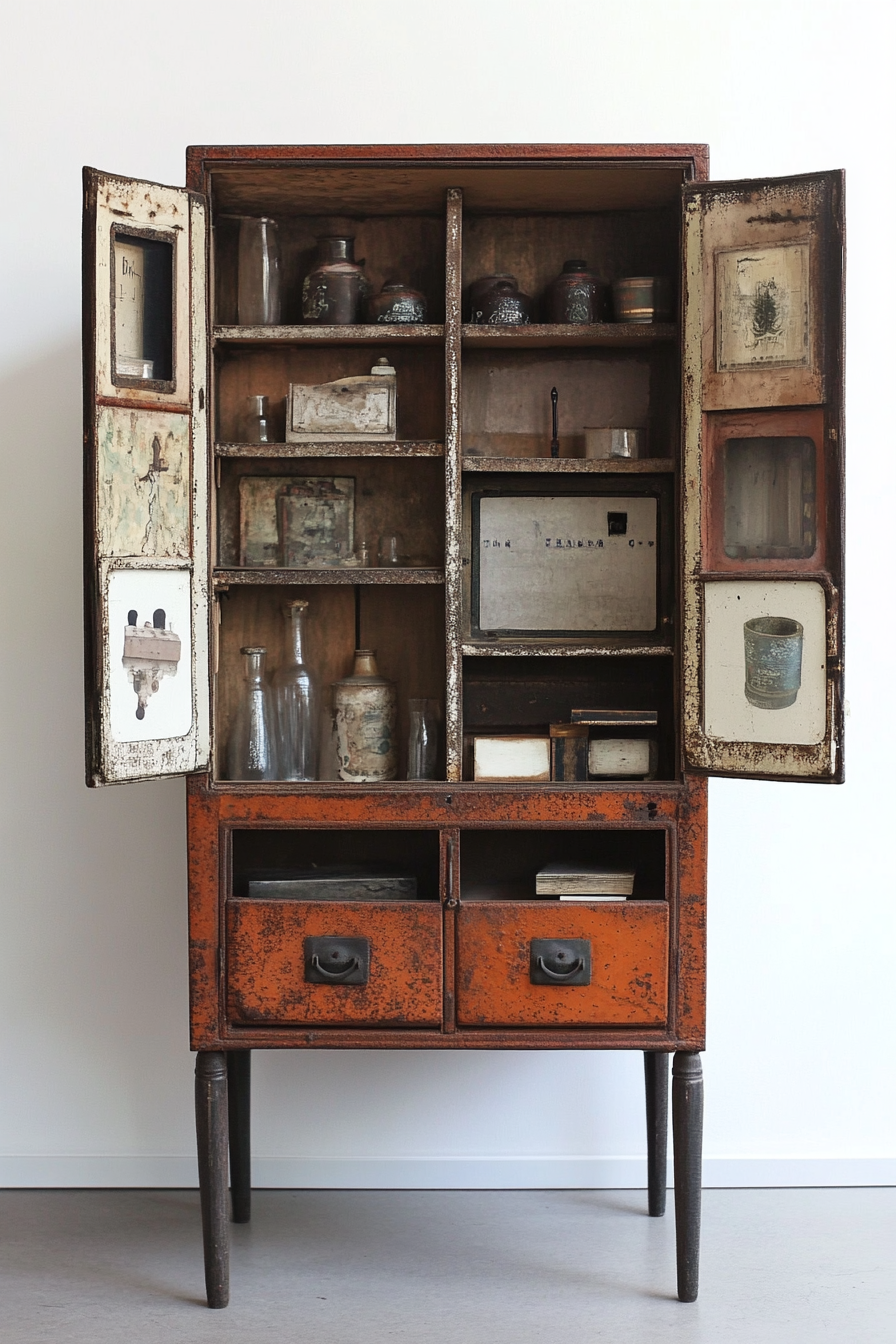 Research Mobile Space. Rusty antique cabinet housing weathered artifacts.