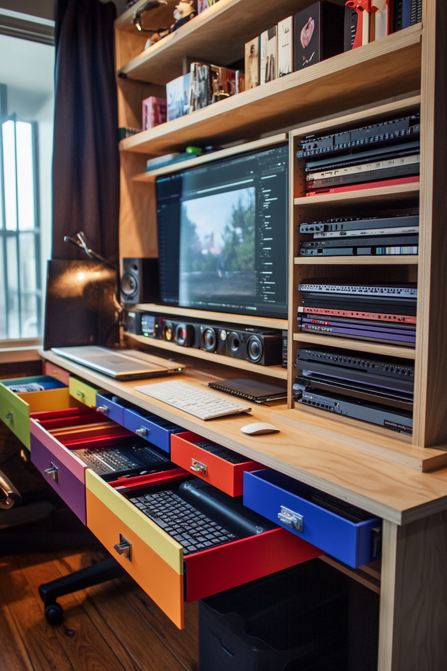 Mobile space. Tall workstation with color-coded drawers for editing equipment.