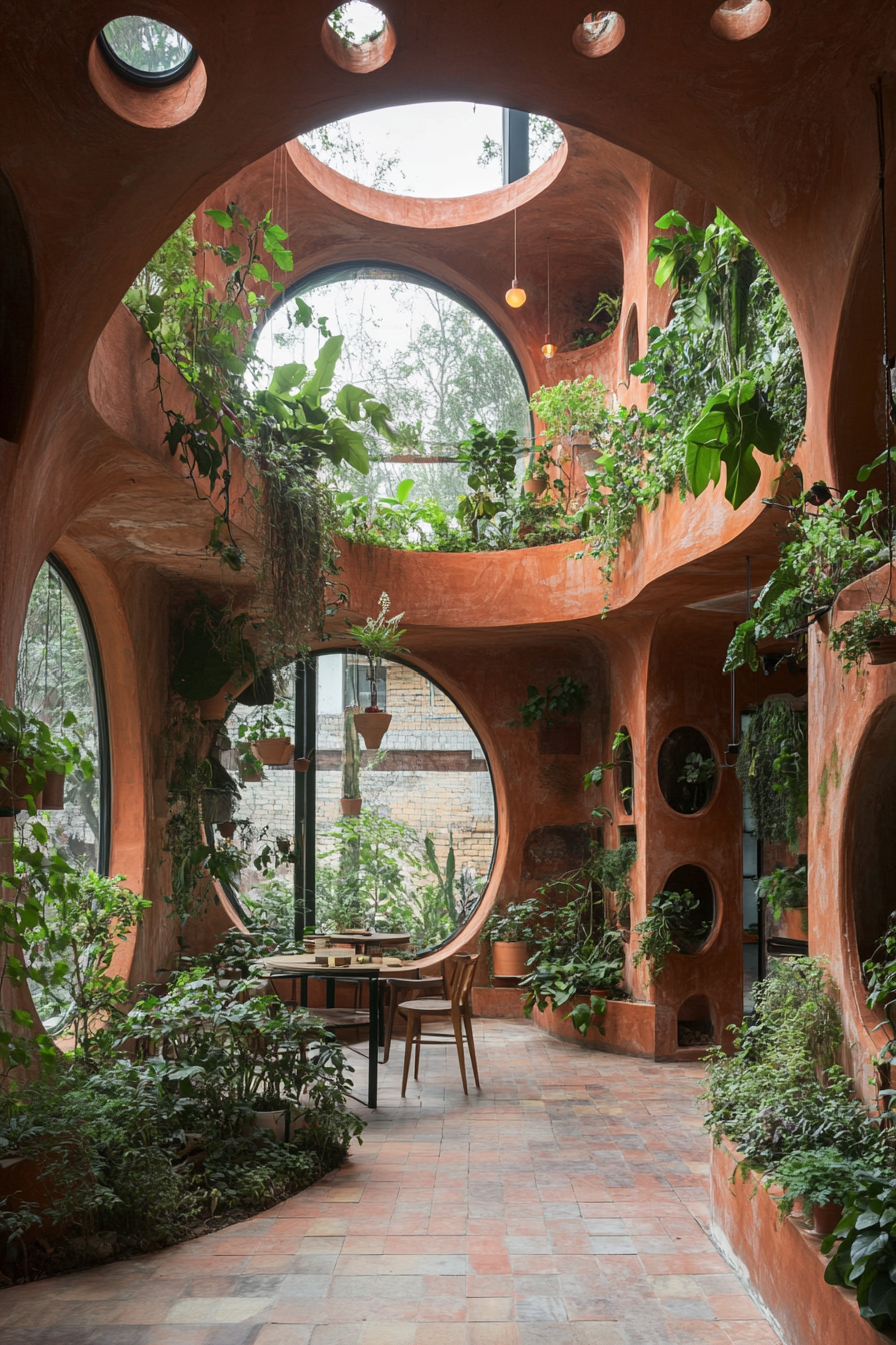 Creative community space. Terracotta studio pod floor-to-ceiling with indoor garden.