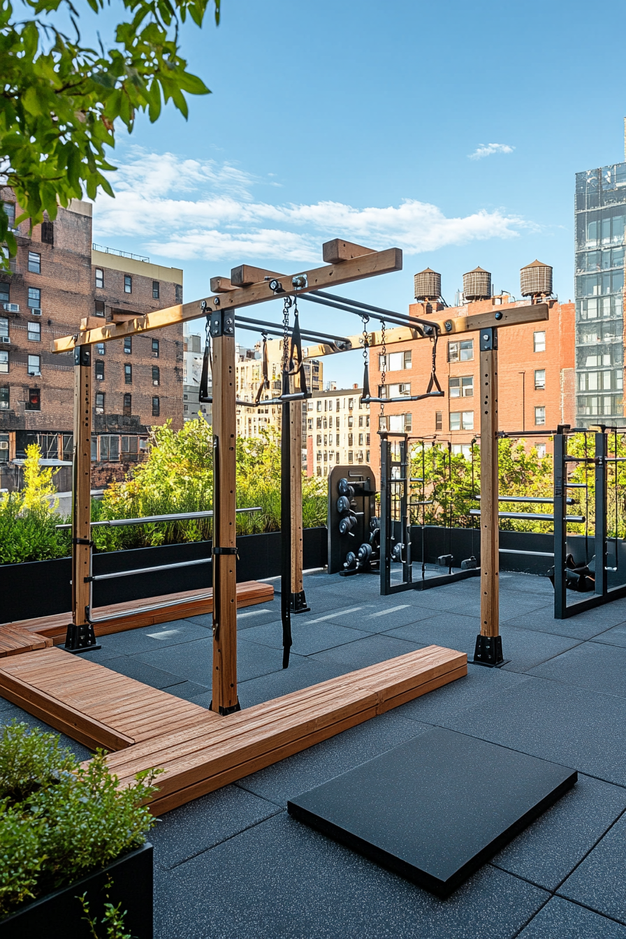 Fitness community space. Outdoor gym with rooftop pull-up bars.