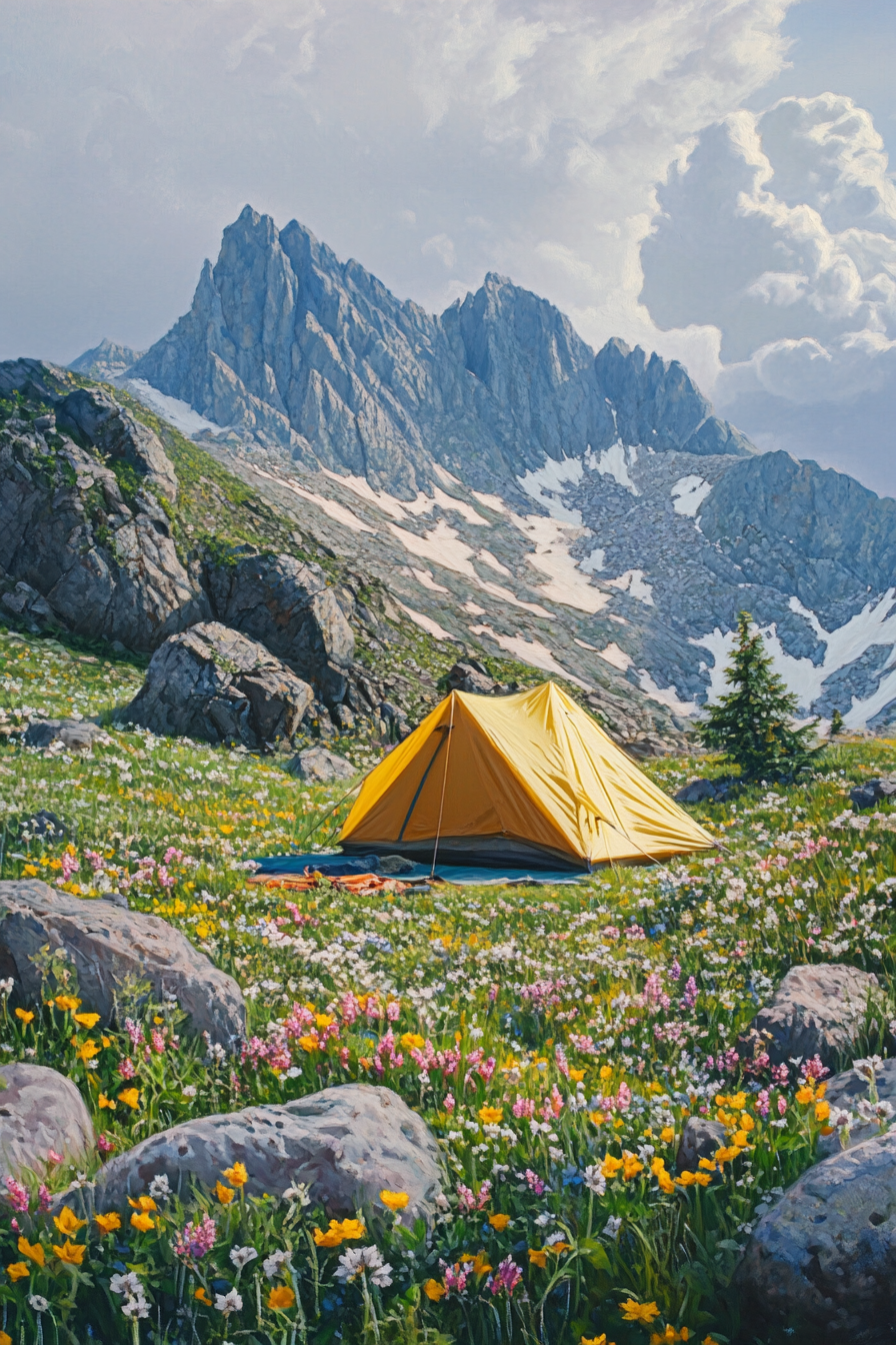 Highland camping site. Tent pad shielded by boulders, wildflowers covering the sullen landscape, snowclept peak vista.