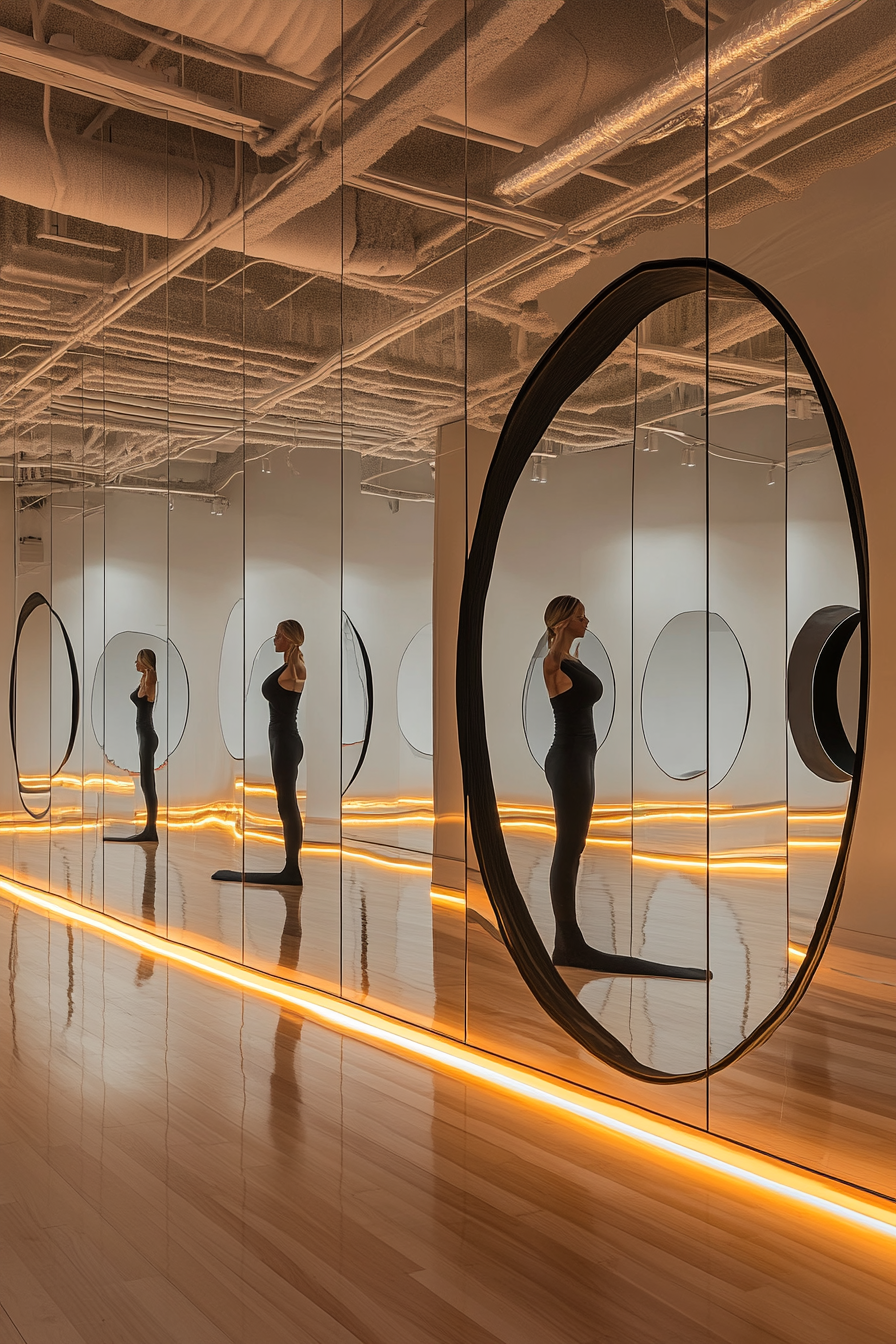 Movement practice space. Wall-to-wall mirrors with embedded speakers and marley overlay on floors.