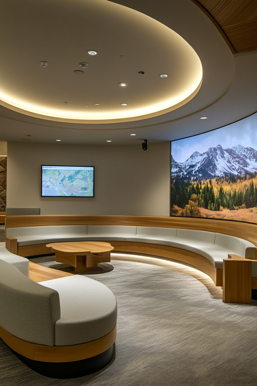 Mountain Community Space. Briefing area with circular bench arrangement and wall-mounted LED screens.