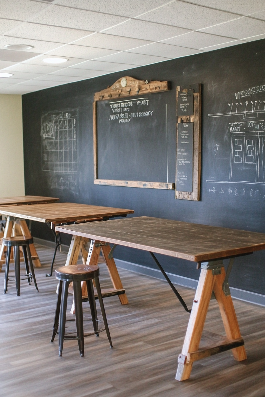 Creative learning space. Studio setup with weathered oak drafting tables and chalkboard wall.