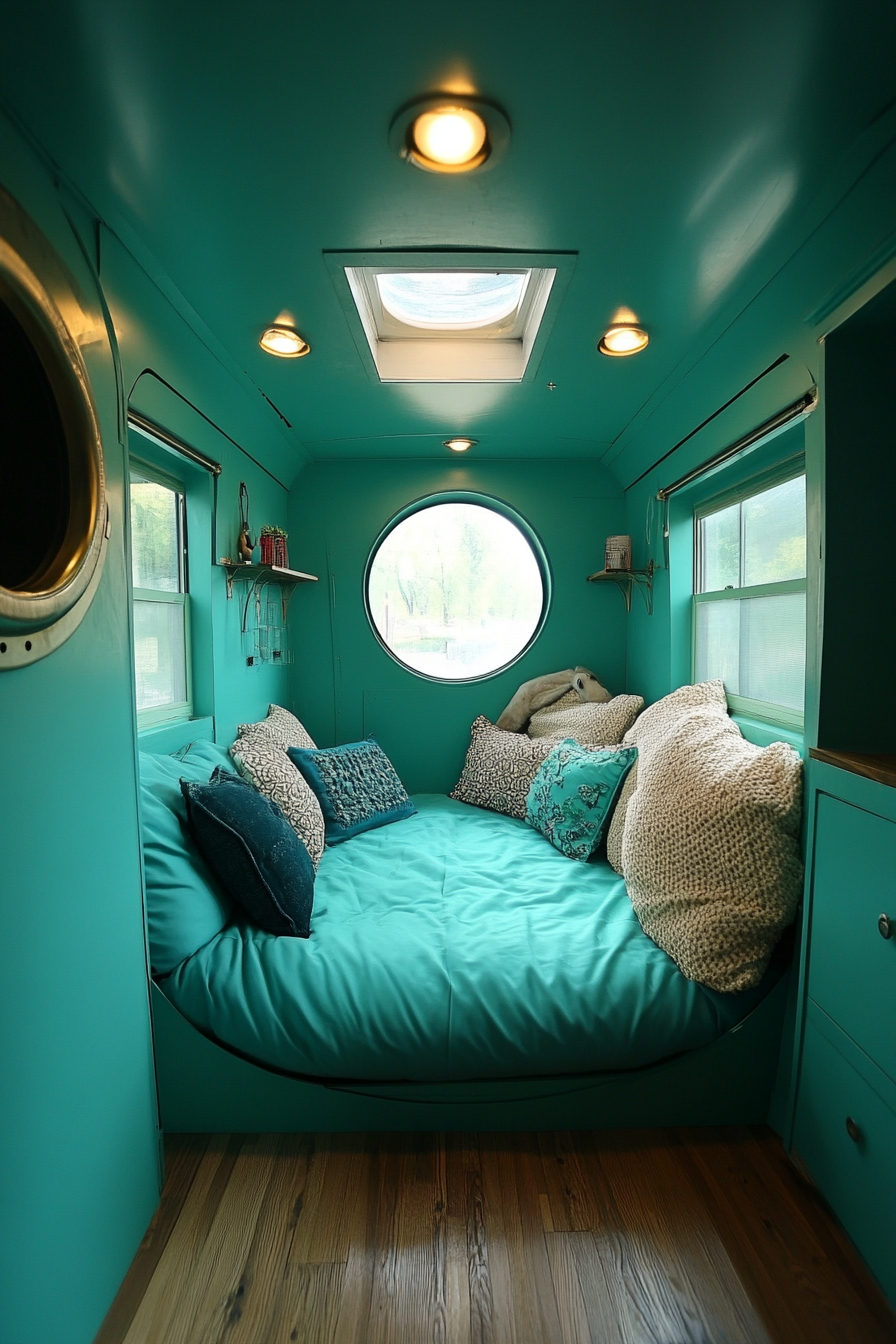 Therapy Van Space. Teal soundproof interior with cozy beanbag seating area.