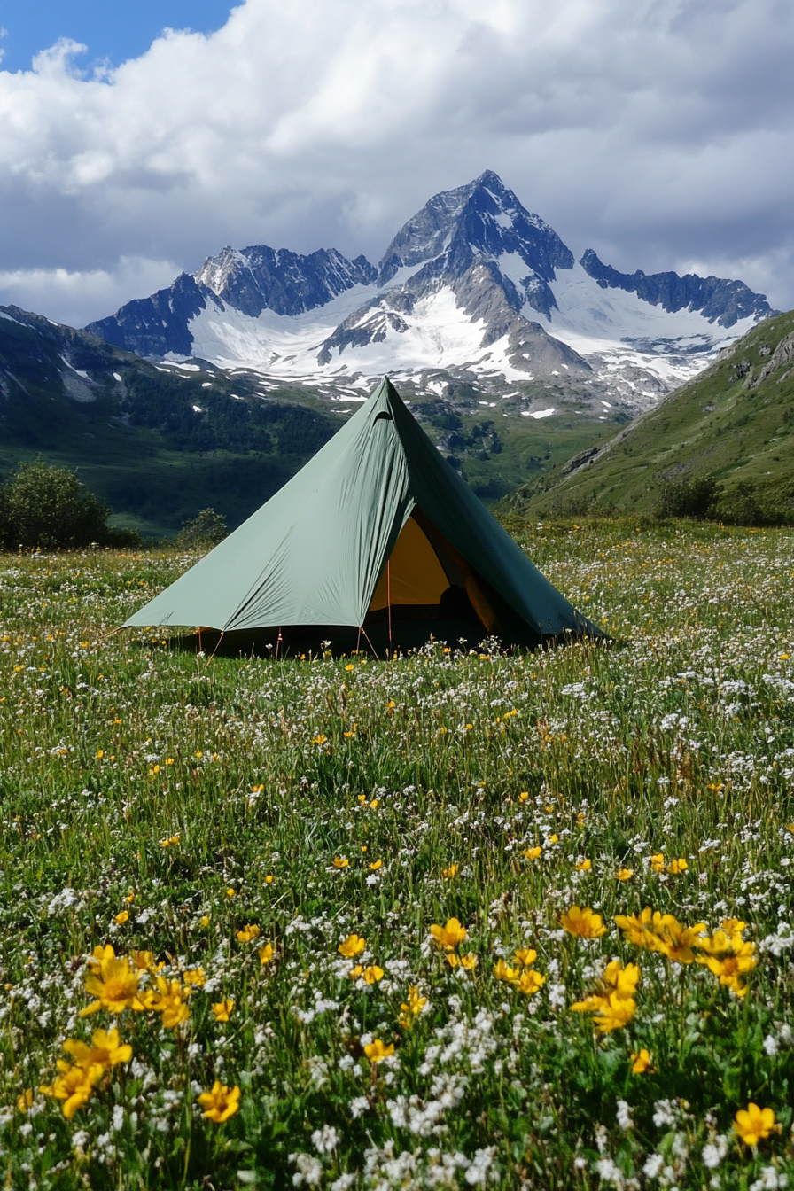 Highland site. Wildflower surroundings with wind-protected tent pad and panoramic peak views.