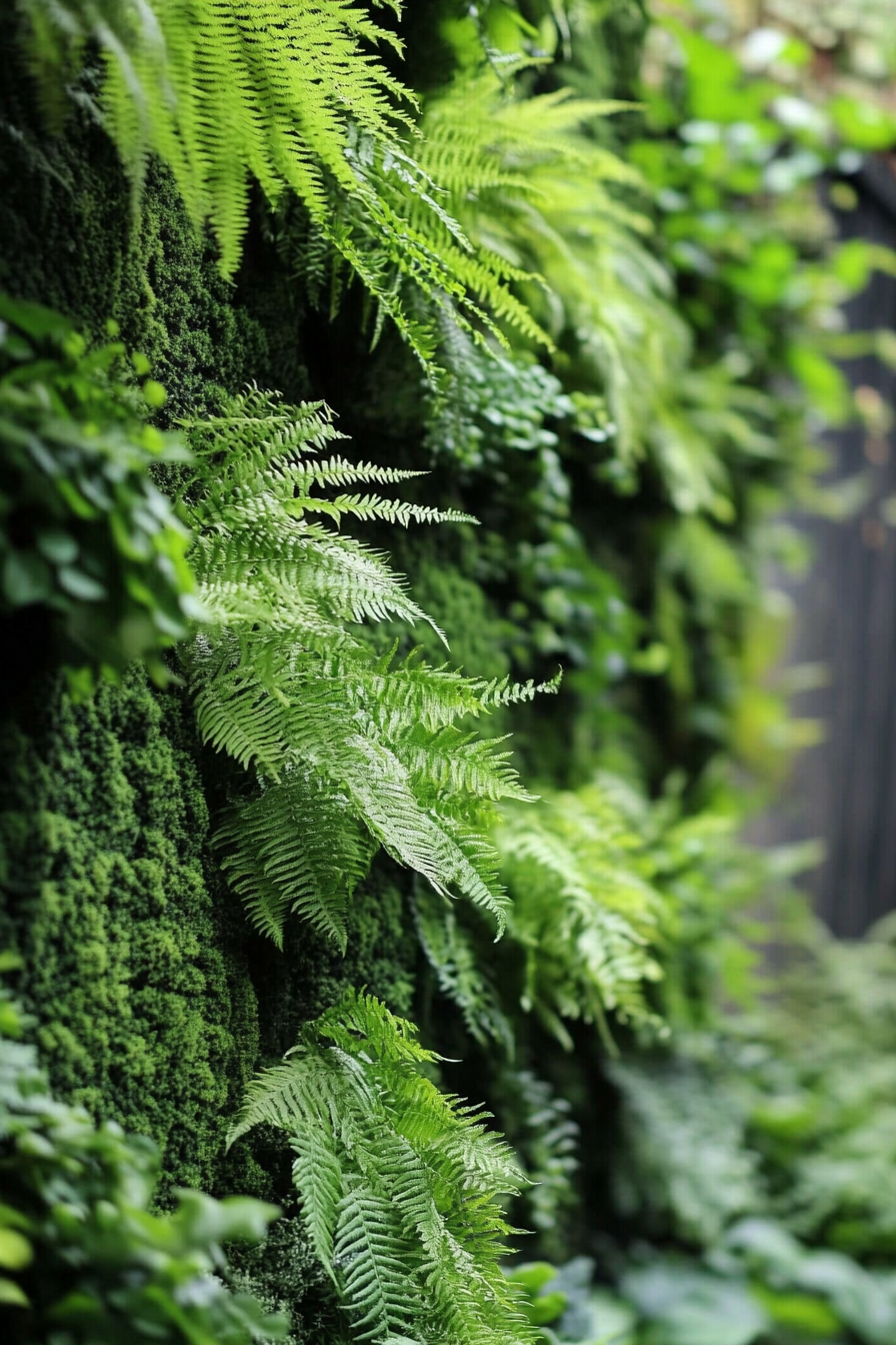 City oasis space. Cascading vertical garden with lush green ferns.