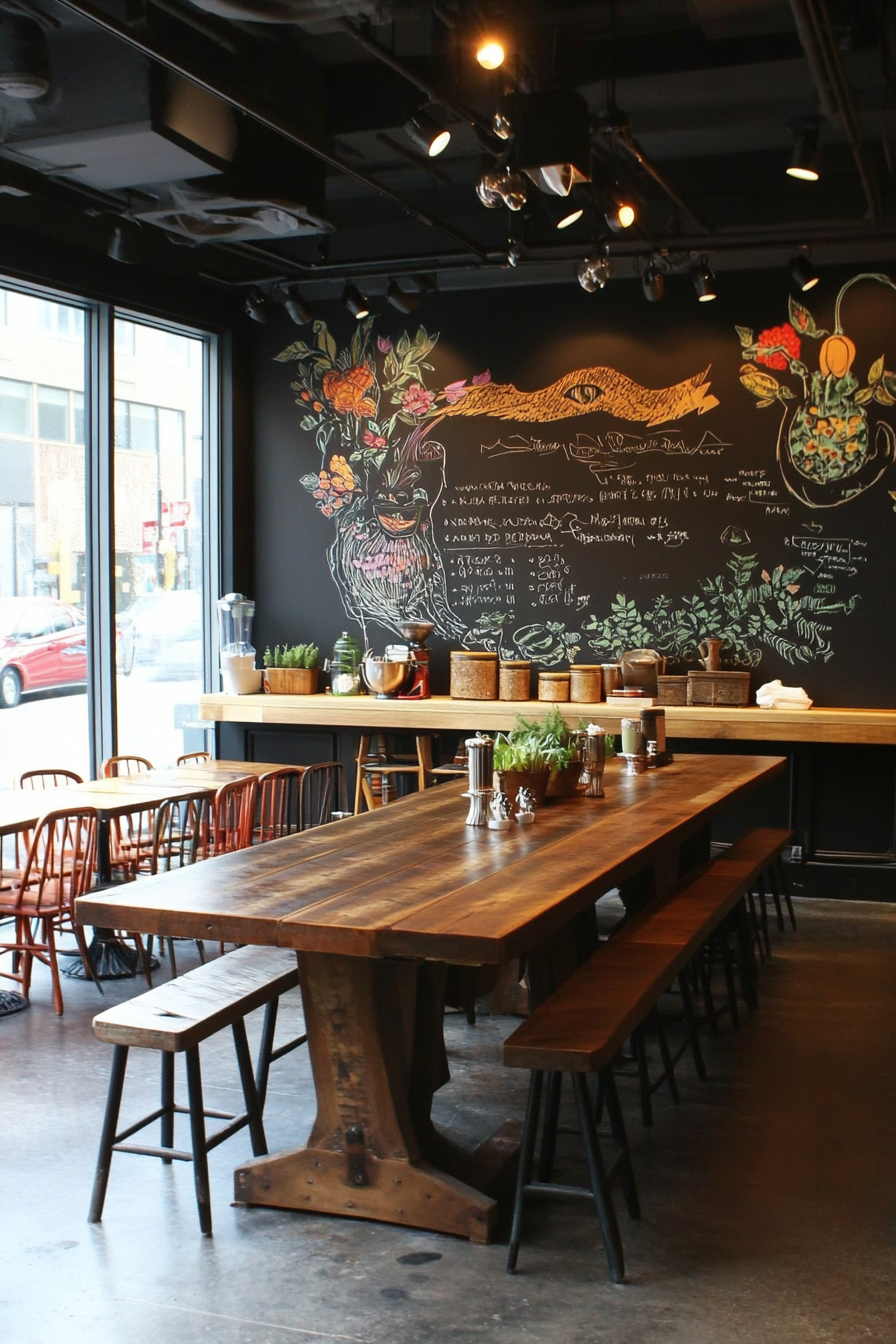 Social cooking space. Dark wood communal tables, vibrant backdrop, chalkboard wall for stories.
