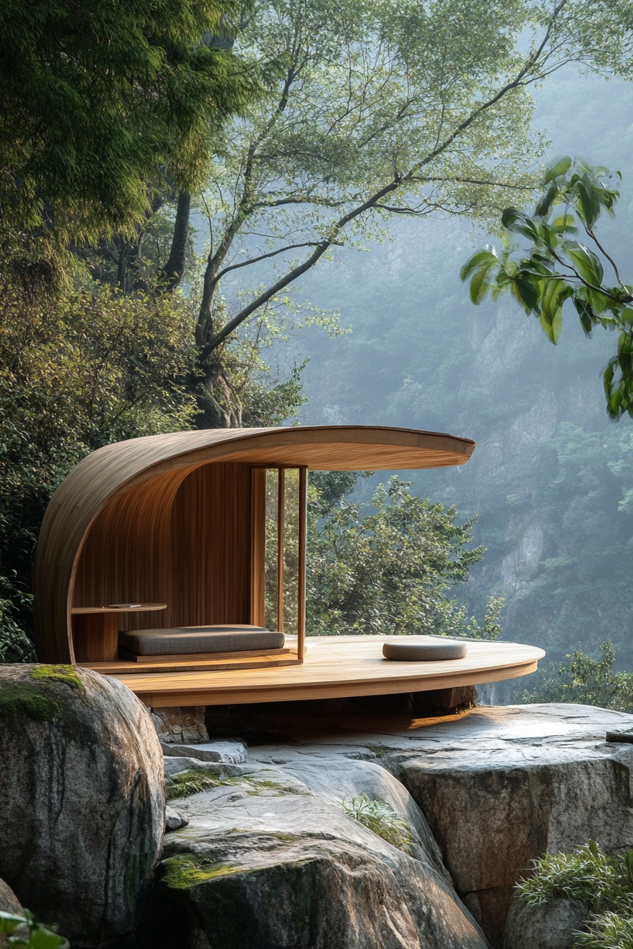 Wellness Space. Wooden meditation pavilion in serene mountain surroundings.