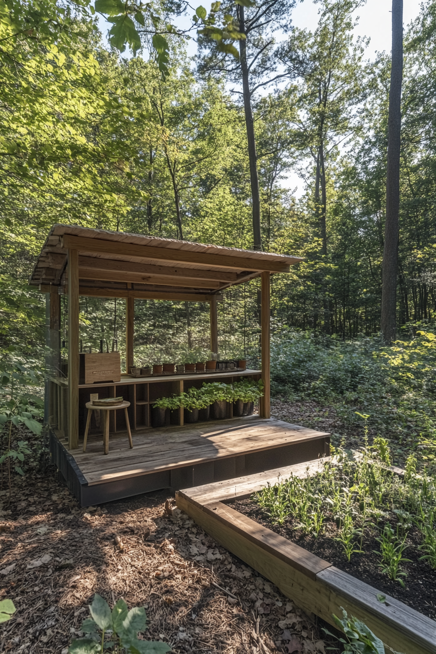 Outdoor education space. Herb identification station in foraging lab with surrounding woodland scenery.