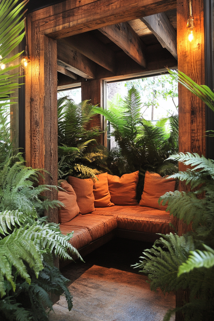 Wellness Escape Space. Reclaimed-wood reading nook surrounded by large indoor ferns.